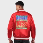 Super Bowl LIX Starter Red Satin Varsity Jacket