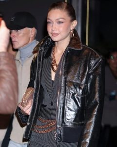 Gigi Hadid NYC 2025 Black Leather Jacket
