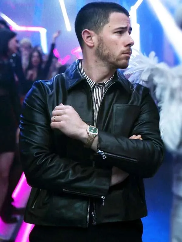 Nick Jonas A Very Jonas Christmas Black Leather Jacket Nick Jonas A Very Jonas Christmas Black Leather Jacket