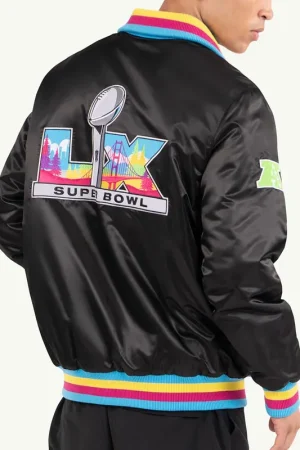 Super Bowl LX Black Satin Varsity Jacket